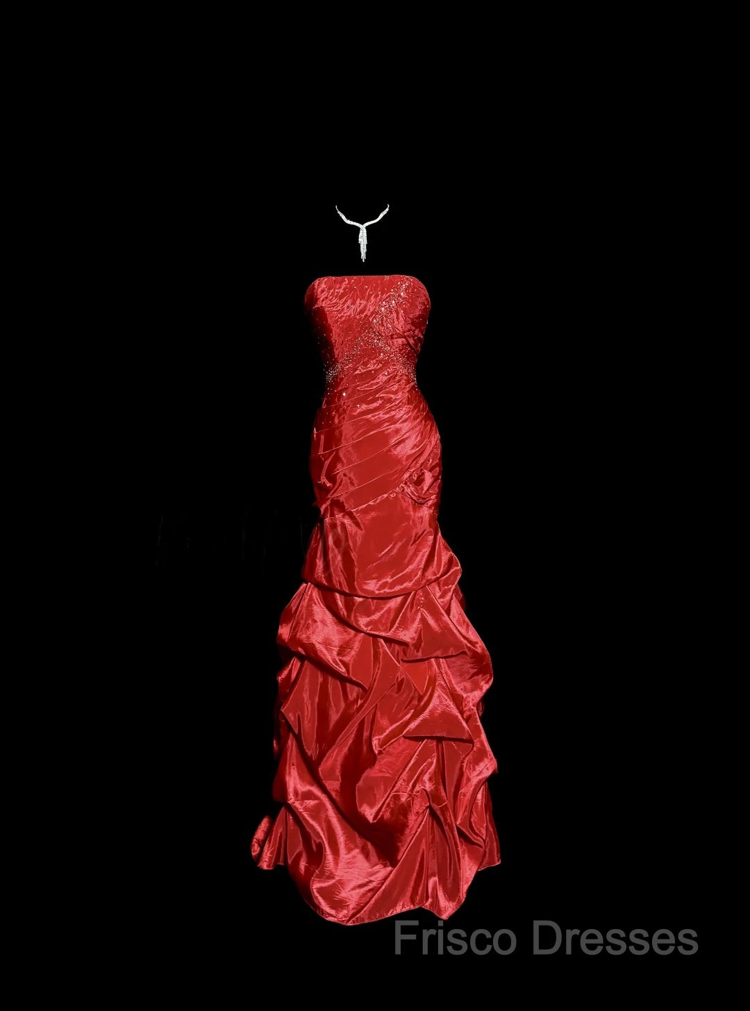 Aesthetic Mermaid Strapless Neckline Red Taffeta Formal Prom Dress Ruffle Long Party Dress