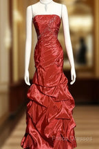 Aesthetic Mermaid Strapless Neckline Red Taffeta Formal Prom Dress Ruffle Long Party Dress