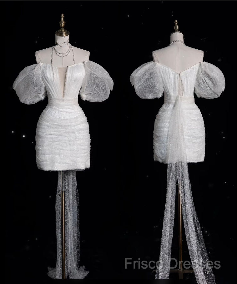 Aesthetic Sheath Off The Shoulder White Sequin Short Wedding Dress Brides Dress Secondary image