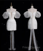 Aesthetic Sheath Off The Shoulder White Sequin Short Wedding Dress Brides Dress