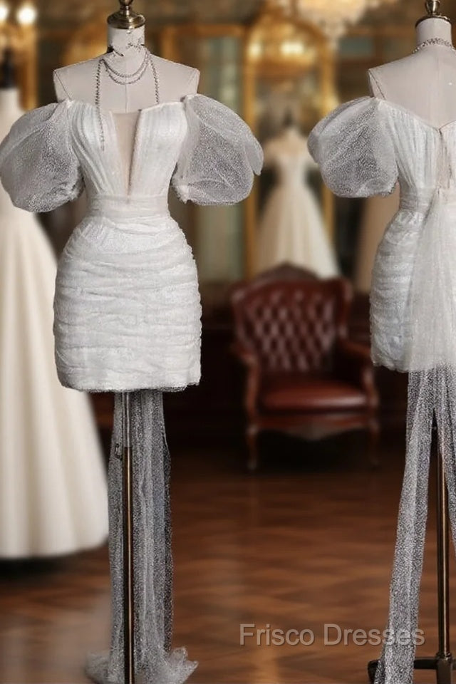 Aesthetic Sheath Off The Shoulder White Sequin Short Wedding Dress Brides Dress Main image