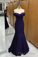 Long Navy Formal Prom Dress Mermaid Off-the-Shoulder Sweetheart Sleeveless