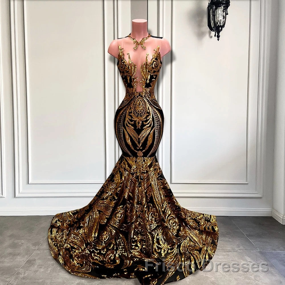 Long Sleeveless Mermaid Formal Prom Dresses with Gold Sequins Secondary image