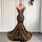 Long Sleeveless Mermaid Formal Prom Dresses with Gold Sequins