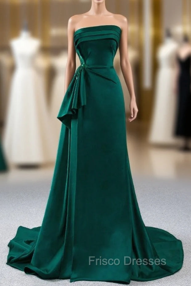 Affordable A-Line Dark Green Satin Strapless Pleats Beading Formal Prom Dress Main image
