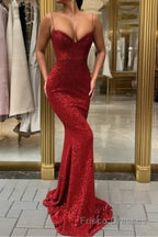 Affordable Sheath Sequins Long Cheap Formal Prom Dresses | Spaghetti Straps Sexy Evening Dresses