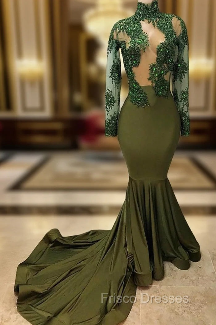 African Mermaid Green Sheer Corset Long Sleeves Evening Dress