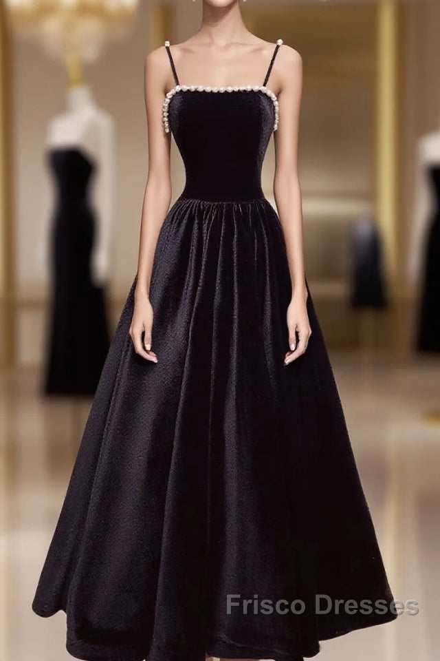 Aline Black Velvet Long Formal Prom Dress, Black Formal Graduation With Beading