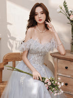 Aline Gray Long Prom Dresses, Gray Formal Graduation With Sequin Beading