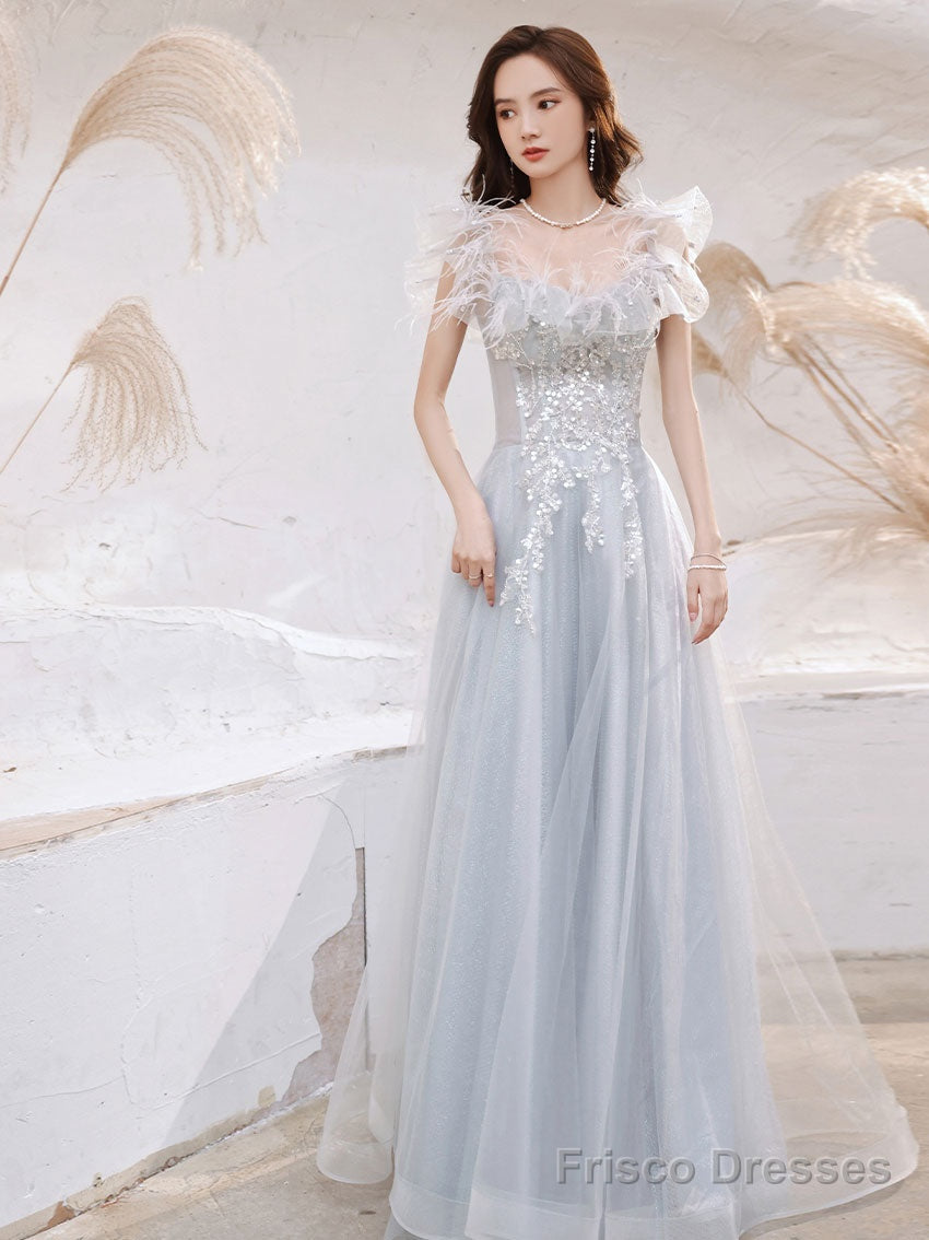 Aline Gray Long Prom Dresses, Gray Formal Graduation With Sequin Beading