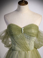 A line Green Long Prom Dress, Green Tulle Formal Evening Dress