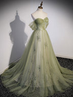 A line Green Long Prom Dress, Green Tulle Formal Evening Dress