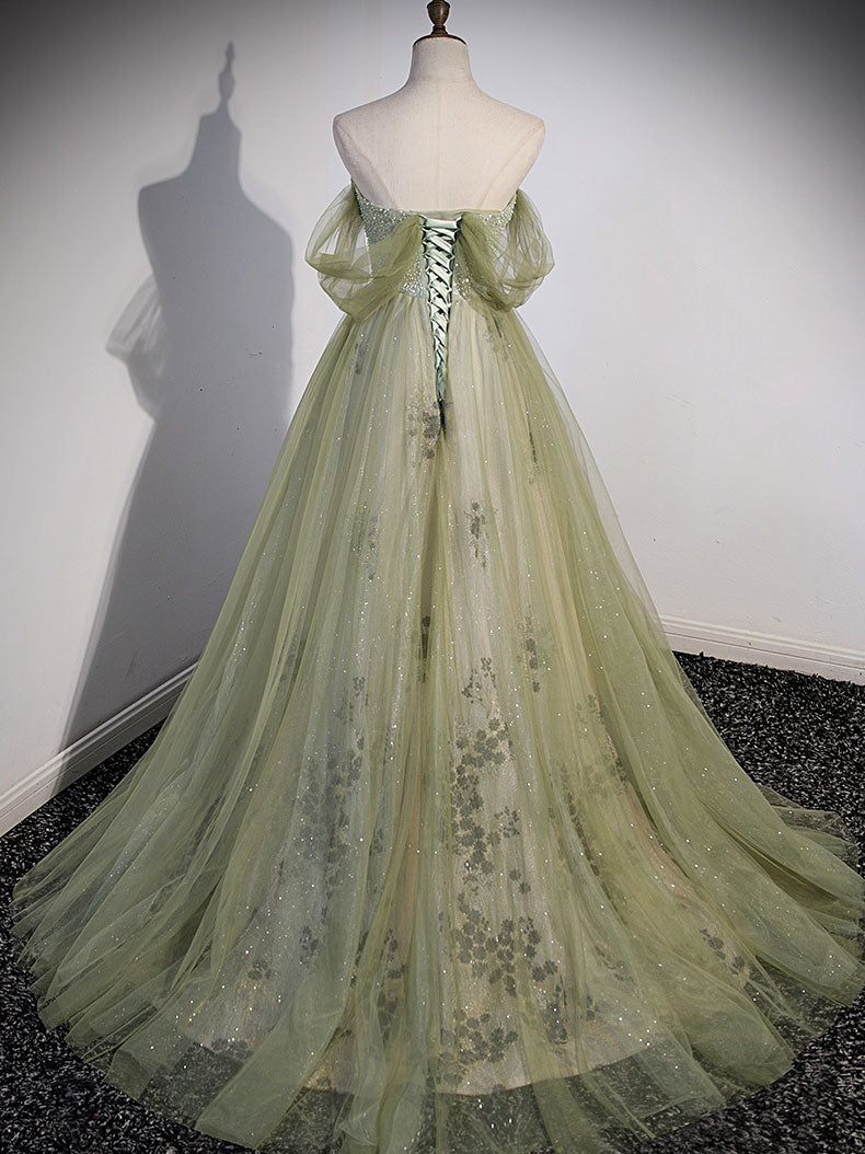 A line Green Long Prom Dress, Green Tulle Formal Evening Dress