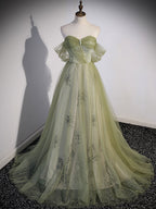 A line Green Long Prom Dress, Green Tulle Formal Evening Dress
