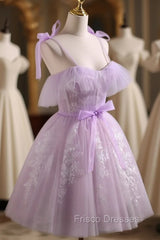 Aline Lace Short Purple Formal Prom Dress, Puffy Purple Homecoming Dress