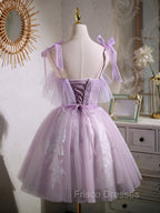 Aline Lace Short Purple Formal Prom Dress, Puffy Purple Homecoming Dress