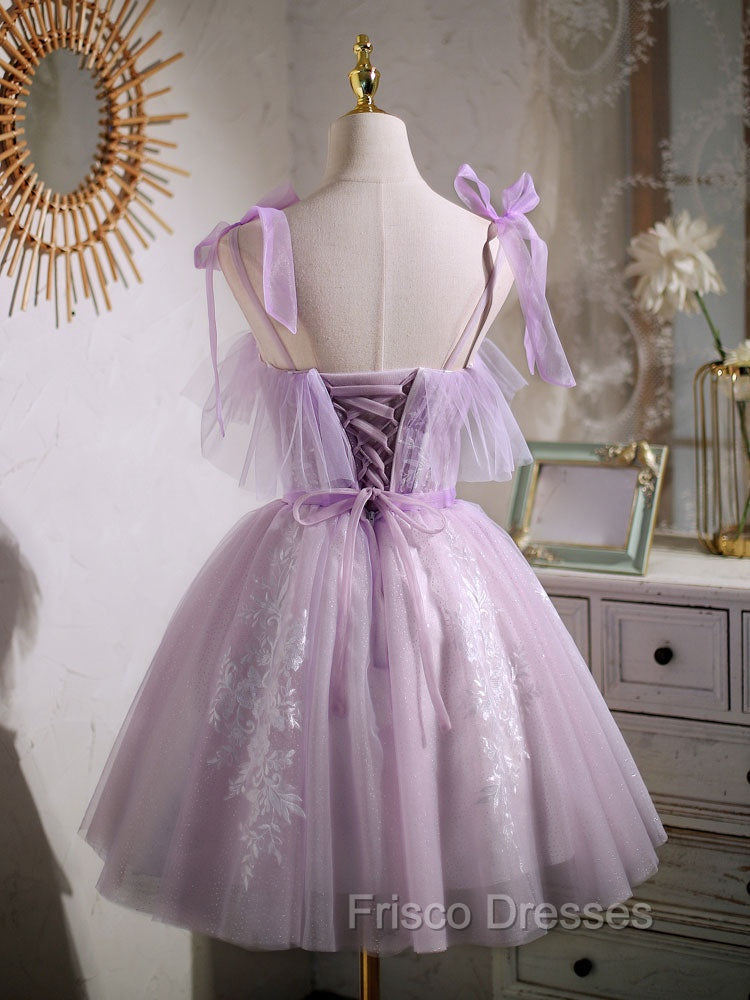 Aline Lace Short Purple Formal Prom Dress, Puffy Purple Homecoming Dress