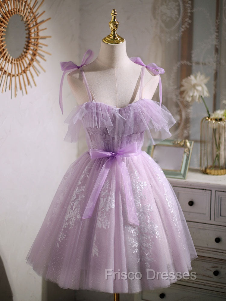 Aline Lace Short Purple Formal Prom Dress, Puffy Purple Homecoming Dress Main image