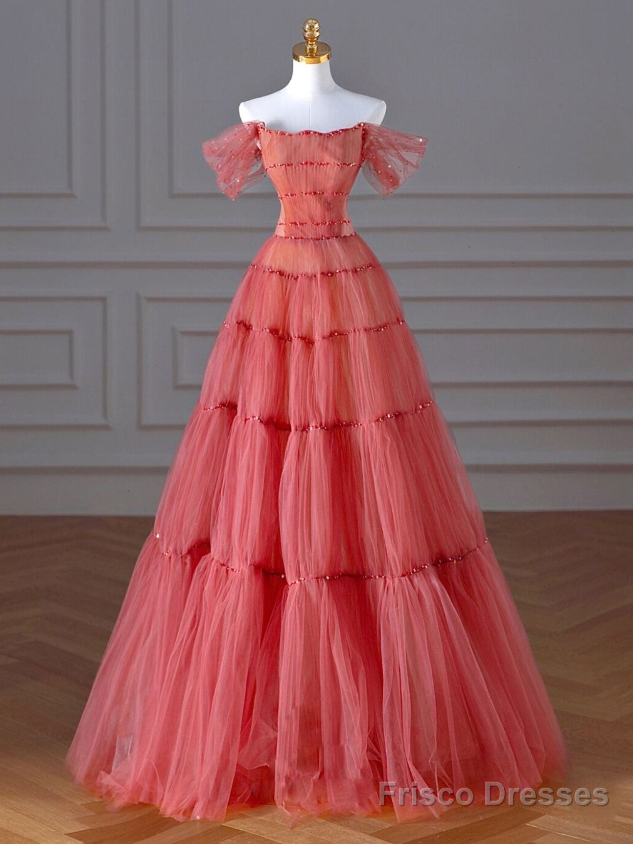 Aline Off Shoulder Long Prom Dresses, Red Formal Graduation Dress With Beading Sequin Main image