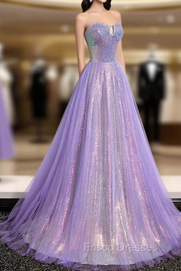Aline Purple Sweetheart Neck Tulle Long Formal Prom Dress, Purple Evening Dress