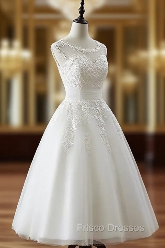 Aline Round Neck Tulle Lace Short White Formal Prom Dress, White Lace Homecoming Dress Main image