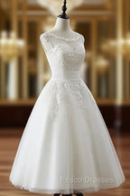 Aline Round Neck Tulle Lace Short White Formal Prom Dress, White Lace Homecoming Dress