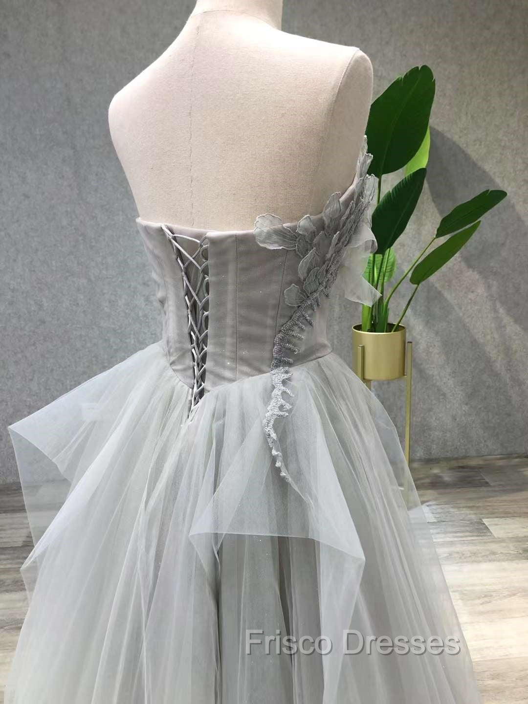 A line Tea Length Gray Formal Prom Dress, Gray Tulle Homecoming Dress