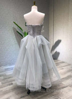 A line Tea Length Gray Formal Prom Dress, Gray Tulle Homecoming Dress
