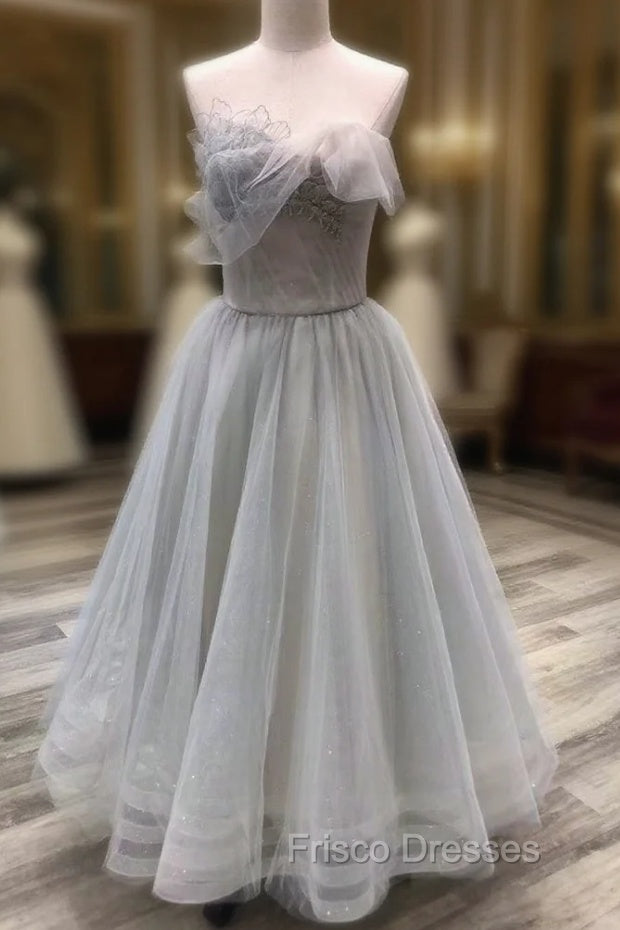 A line Tea Length Gray Formal Prom Dress, Gray Tulle Homecoming Dress Main image