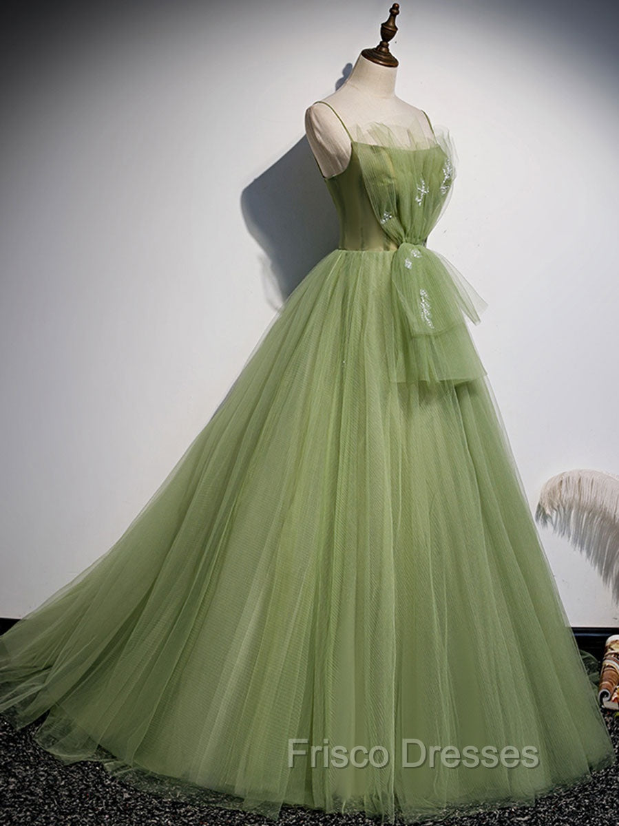 Aline Tulle Green Long Formal Prom Dress, Green Formal Graduation Dress with Beading