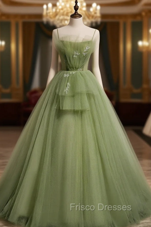 Aline Tulle Green Long Formal Prom Dress, Green Formal Graduation Dress with Beading Main image