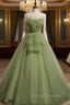 Aline Tulle Green Long Formal Prom Dress, Green Formal Graduation Dress with Beading