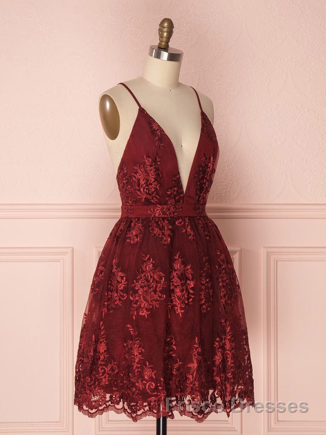 Aline v neck tulle lace short burgundy Formal Prom Dresses, backless burgundy homecoming Dresses