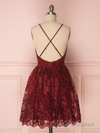 Aline v neck tulle lace short burgundy Formal Prom Dresses, backless burgundy homecoming Dresses