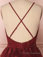 Aline v neck tulle lace short burgundy Formal Prom Dresses, backless burgundy homecoming Dresses