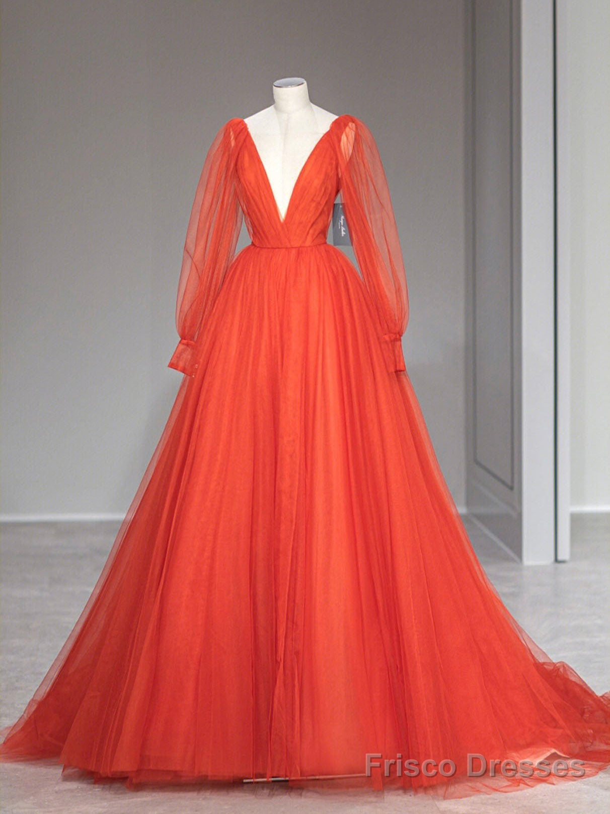 Aline V Neck Tulle Orange Long Prom Dress, Orange Formal Party Dress