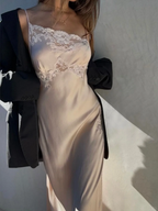 Simple A Line Spaghetti Strap Lace Satin Party Dress Wedding Guest Dress With Slit