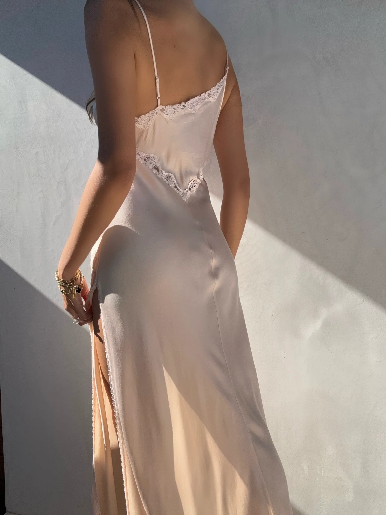 Simple A Line Spaghetti Strap Lace Satin Party Dress Wedding Guest Dress With Slit