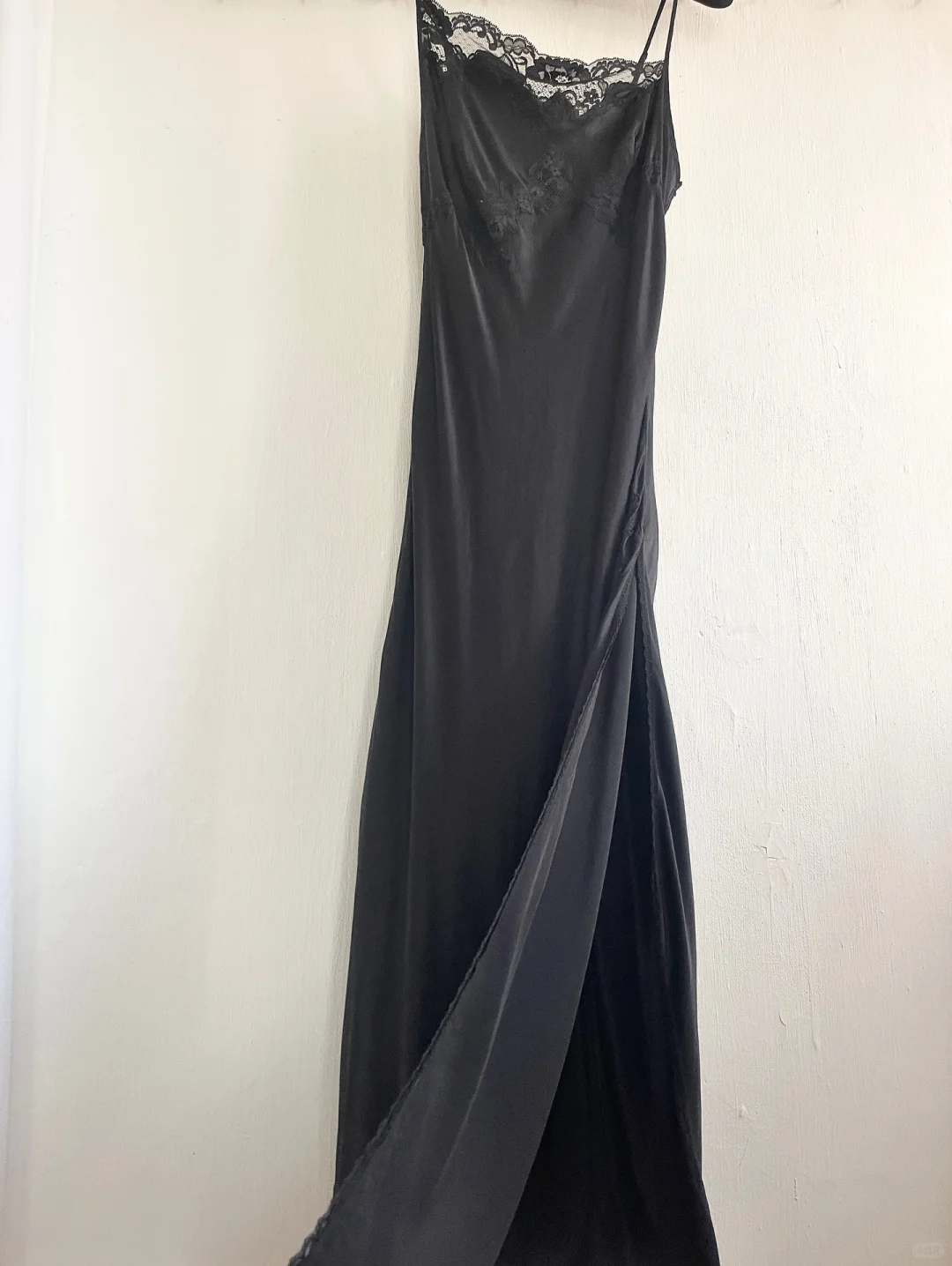 Simple A Line Spaghetti Strap Lace Satin Party Dress Wedding Guest Dress With Slit