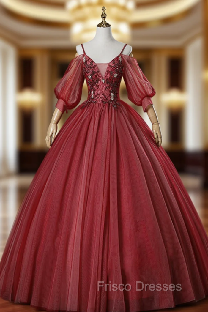 Always Remember Wearing Burgundy Ball Gown Tulle Spagehtti Straps Short Sleeve Quinceanera Dress Main image
