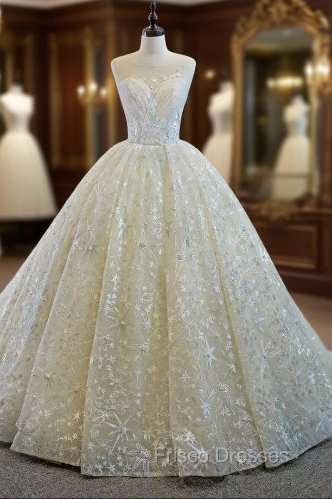 Always Remember Wearing Champagne Ball Gown Tulle Embroidery Pleats Wedding Dress