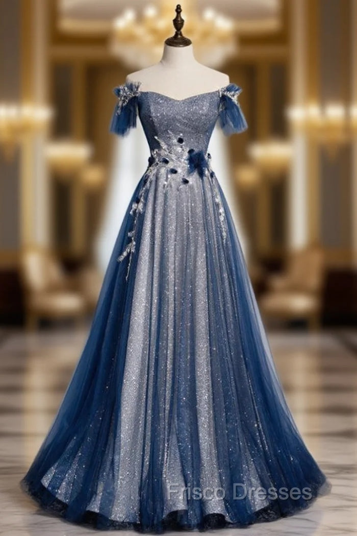 Amazing Blue Tulle Sequins Off the Shoulder Beading Formal Prom Dress