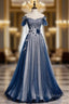 Amazing Blue Tulle Sequins Off the Shoulder Beading Formal Prom Dress