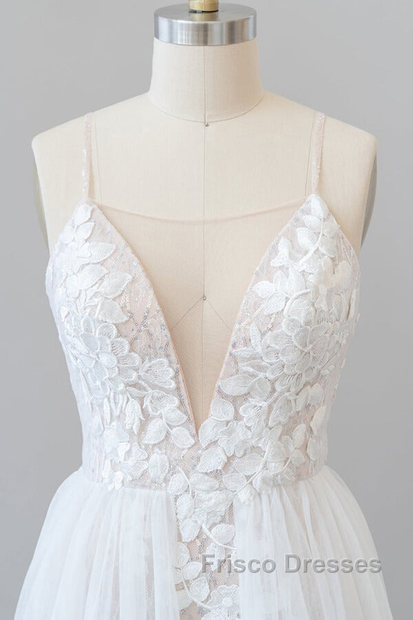 Amazing Long A-line Chapel Train Appliques Tulle Backless Wedding Dress