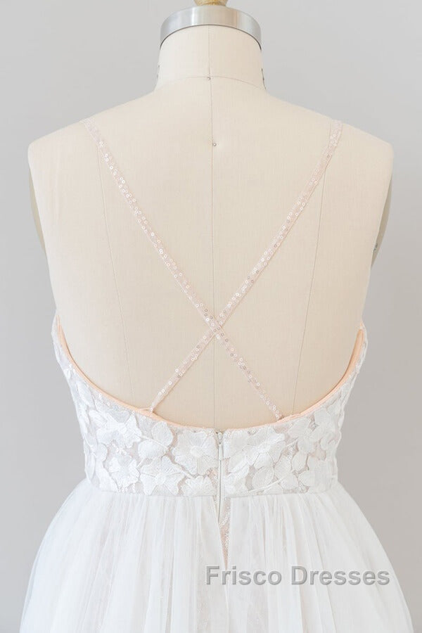 Amazing Long A-line Chapel Train Appliques Tulle Backless Wedding Dress