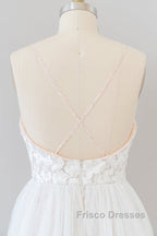 Amazing Long A-line Chapel Train Appliques Tulle Backless Wedding Dress