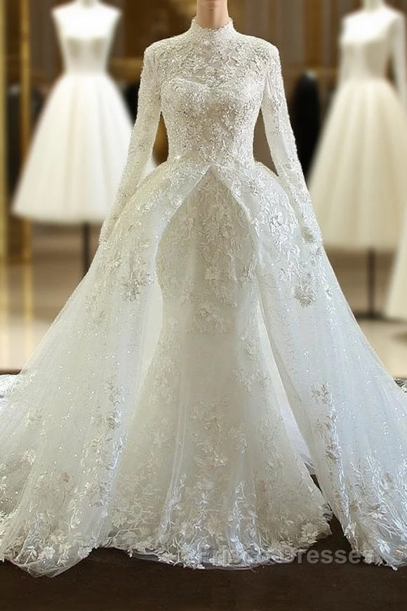 Amazing Long Mermaid High Neck Tulle Lace Wedding Dress with Sleeves Main image