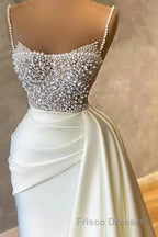 Amazing Long Mermaid Strapless Sequins Pearls Satin Formal Prom Dress