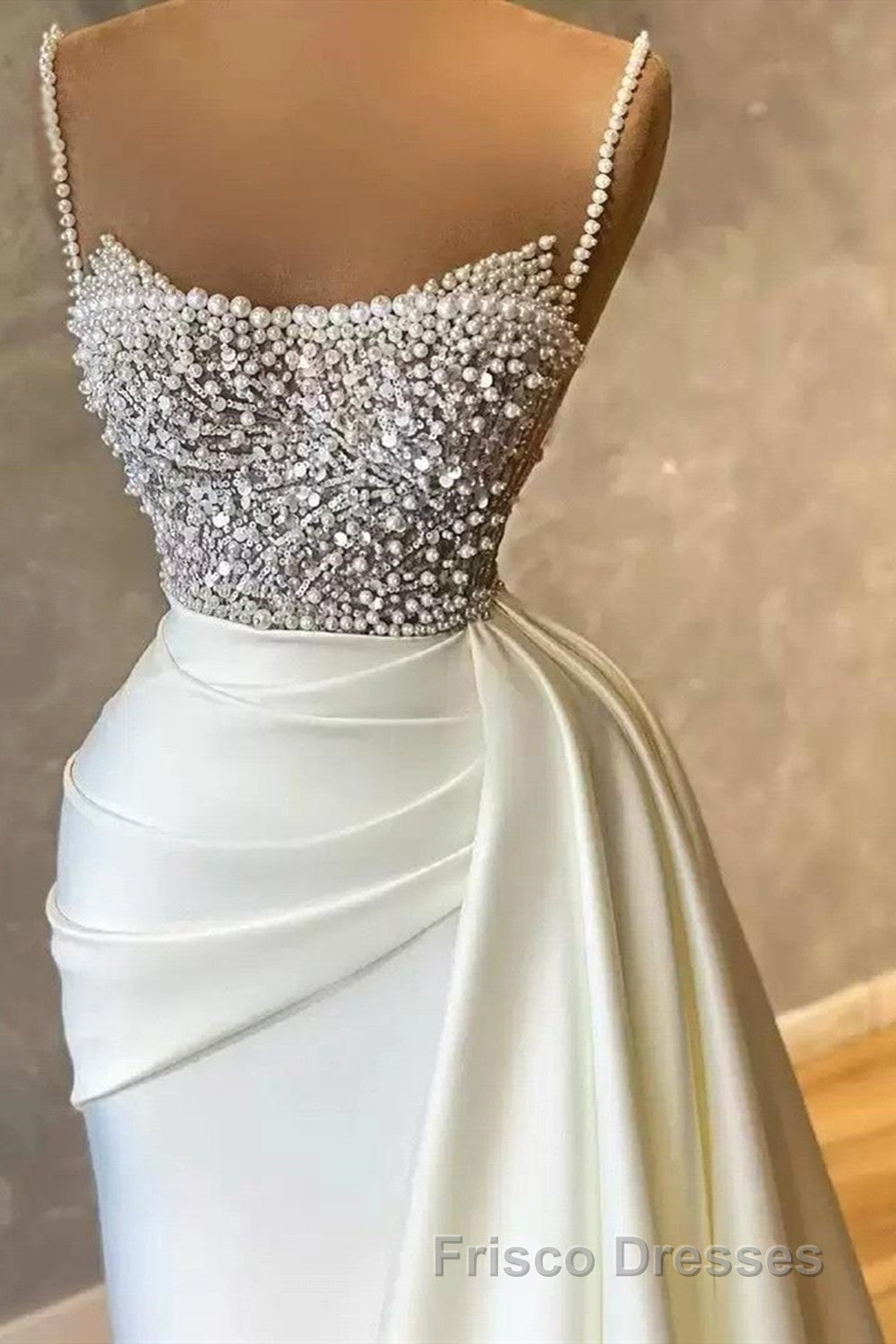 Amazing Long Mermaid Strapless Sequins Pearls Satin Formal Prom Dress