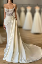 Amazing Long Mermaid Strapless Sequins Pearls Satin Formal Prom Dress